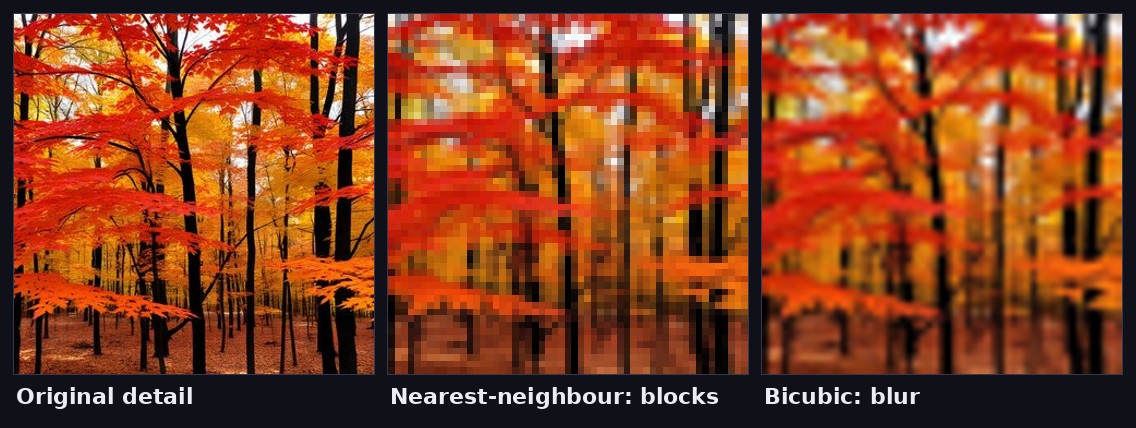 Three panels from the same source: original detail, nearest-neighbour enlargement showing blocks, and bicubic enlargement showing blur